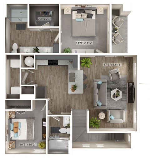 A floor plan of a small apartment with a bedroom, living room, kitchen, and bathroom.